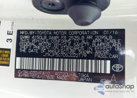 2016 Scion Tc z USA, uszkodzony, nr VIN JTKJF5C70GJ022179